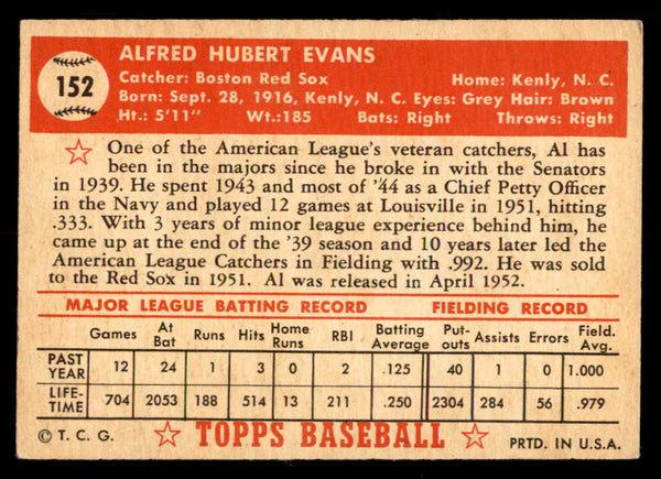 1952 Topps Baseball #152 Al Evans Red Sox EX-MT 555911