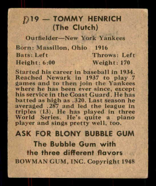1948 Bowman Baseball #019 Tommy Henrich Yankees Good ink back 555918