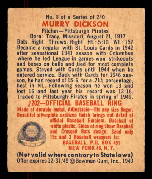 1949 Bowman Baseball #008 Murry Dickson Pirates EX-MT 555924