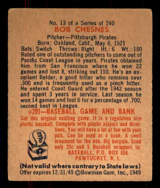 1949 Bowman Baseball #013 Bob Chesnes Pirates EX-MT 555925