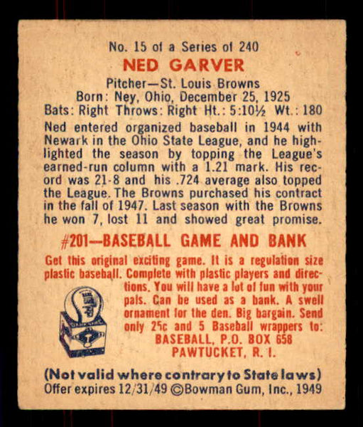 1949 Bowman Baseball #015 Ned Garver Browns EX-MT 555926