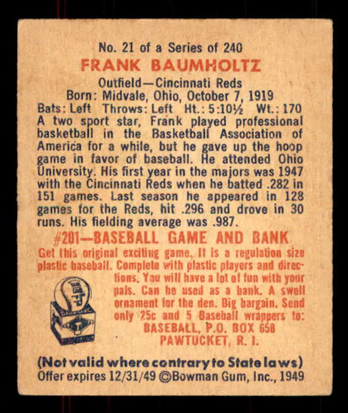 1949 Bowman Baseball #021 Frank Baumholtz Reds EX-MT 555928