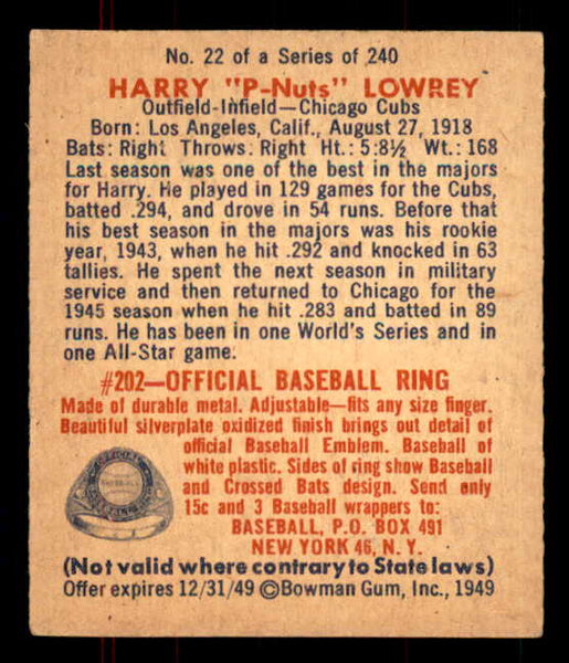 1949 Bowman Baseball #022 Peanuts Lowrey Cubs EX-MT 555929