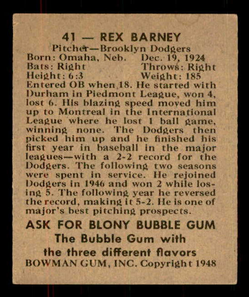 1948 Bowman Baseball #041 Rex Barney Dodgers EX-MT 555932