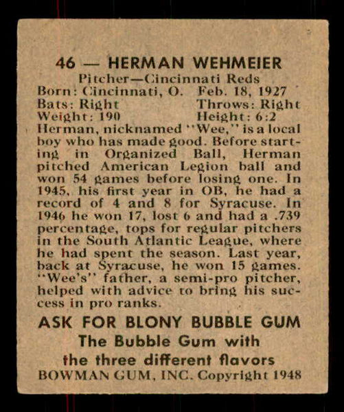 1948 Bowman Baseball #046 Herman Wehmeier Reds EX-MT 555933