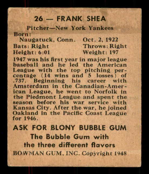 1948 Bowman Baseball #026 Frank Shea Yankees EX-MT 555934