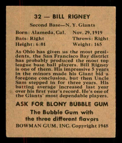 1948 Bowman Baseball #032 Bill Rigney Giants EX-MT 555935