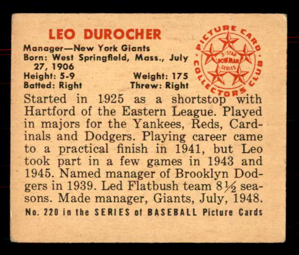 1950 Bowman Baseball #220 Leo Durocher Giants VG-EX No Copyright 555938