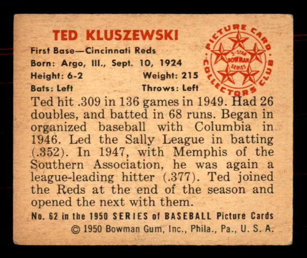 1950 Bowman Baseball #062 Ted Kluszewski Reds VG-EX 555939