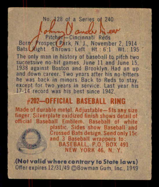 1949 Bowman Baseball #128 Johnny Vander Meer Reds EX-MT 555941