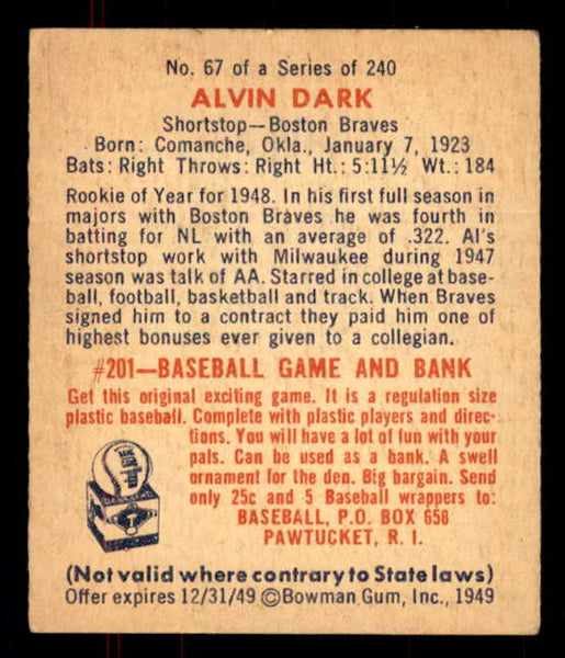 1949 Bowman Baseball #067 Alvin Dark Braves EX-MT 555944