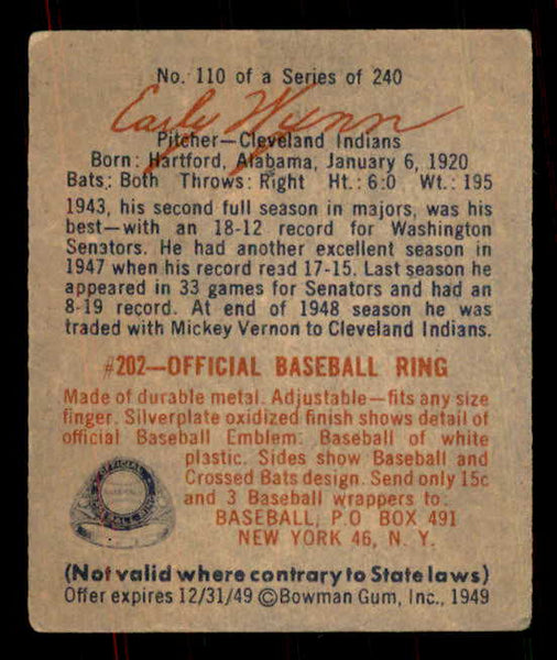 1949 Bowman Baseball #110 Early Wynn Indians VG-EX 555945