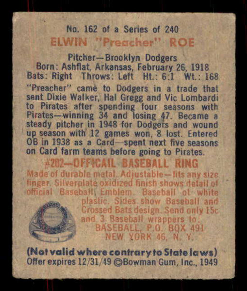 1949 Bowman Baseball #162 Preacher Roe Dodgers VG-EX 555946