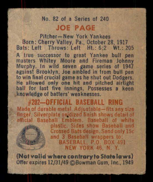 1949 Bowman Baseball #082 Joe Page Yankees VG-EX 555947