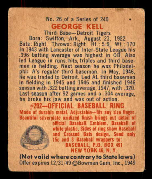 1949 Bowman Baseball #026 George Kell Tigers VG-EX 555948