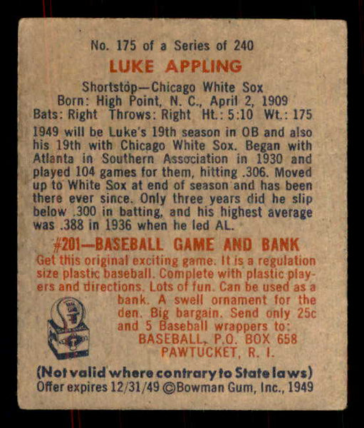 1949 Bowman Baseball #175 Luke Appling White Sox VG-EX 555949
