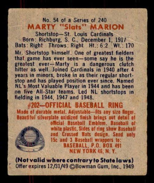 1949 Bowman Baseball #054 Marty Marion Cardinals VG-EX 555950