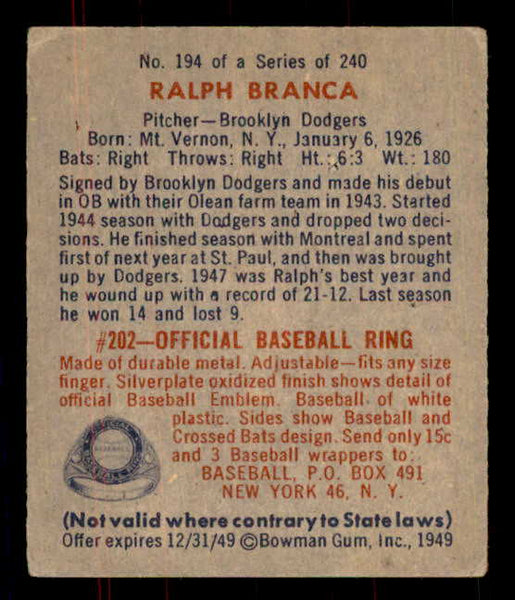 1949 Bowman Baseball #194 Ralph Branca Dodgers VG-EX 555952