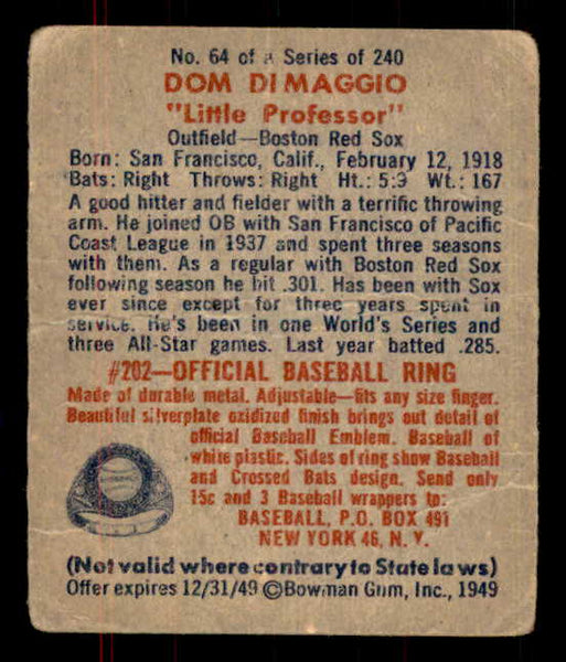 1949 Bowman Baseball #064 Dom DiMaggio Red Sox Fair 555953