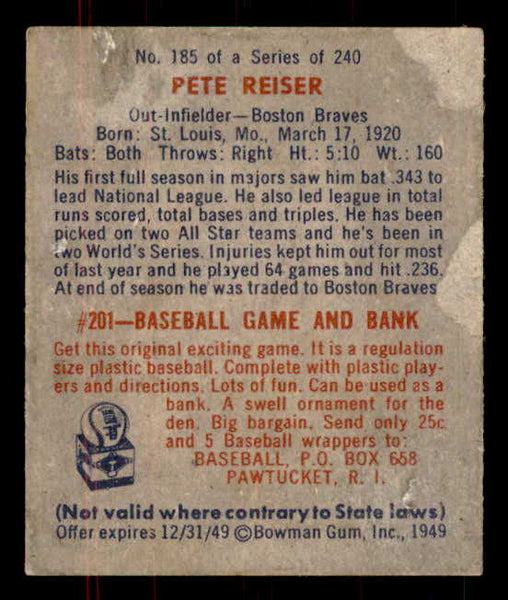 1949 Bowman Baseball #185 Pete Reiser Braves Good back damage 555954