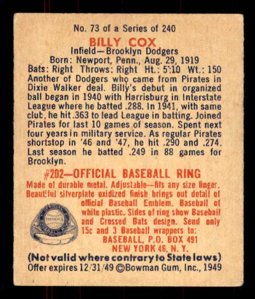 1949 Bowman Baseball #073 Billy Cox Dodgers EX+/EX-MT 555957