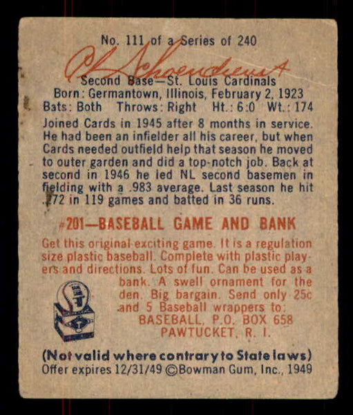 1949 Bowman Baseball #111 Red Schoendienst Cardinals VG-EX 555959