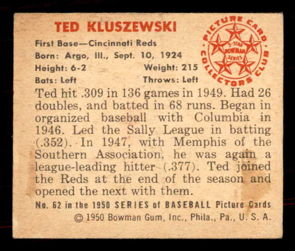 1950 Bowman Baseball #062 Ted Kluszewski Reds EX+/EX-MT 555960