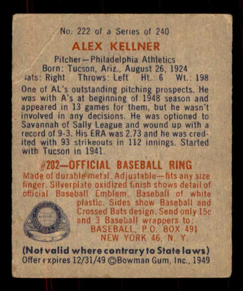 1949 Bowman Baseball #222 Alex Kellner A's VG-EX 555961