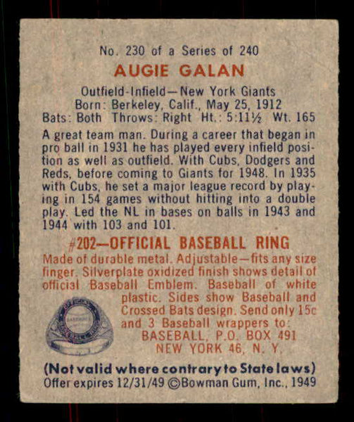 1949 Bowman Baseball #230 Augie Galan Giants VG-EX 555962
