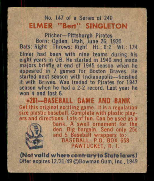 1949 Bowman Baseball #147 Bert Singleton Pirates VG-EX 555963