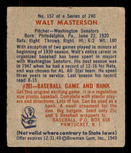 1949 Bowman Baseball #157 Walt Masterson Senators VG-EX 555965