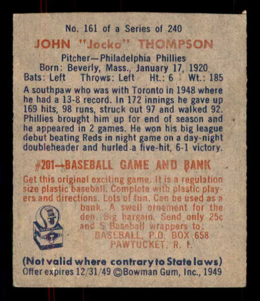 1949 Bowman Baseball #161 Jocko Thompson Phillies VG-EX 555966