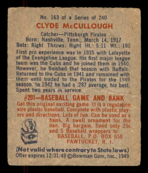 1949 Bowman Baseball #163 Clyde Mccullough Pirates VG-EX 555967