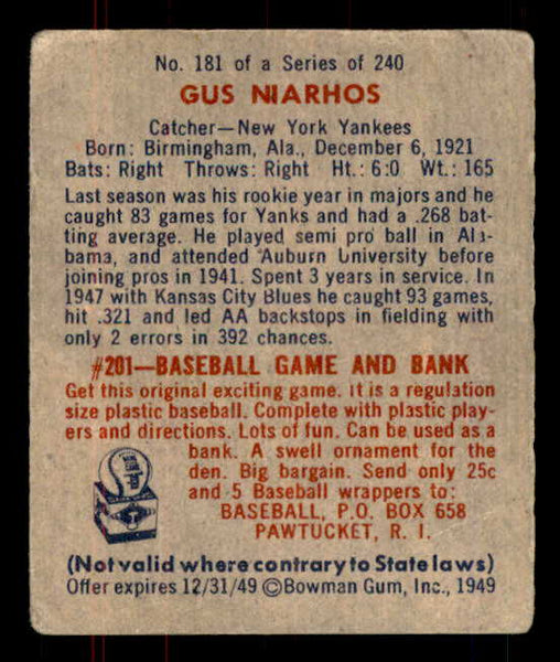1949 Bowman Baseball #181 Gus Niarhos Yankees VG-EX 555968