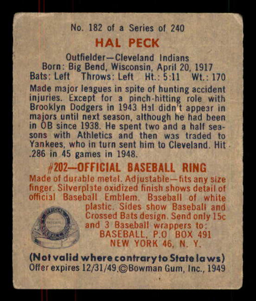 1949 Bowman Baseball #182 Hal Peck Indians VG-EX 555969