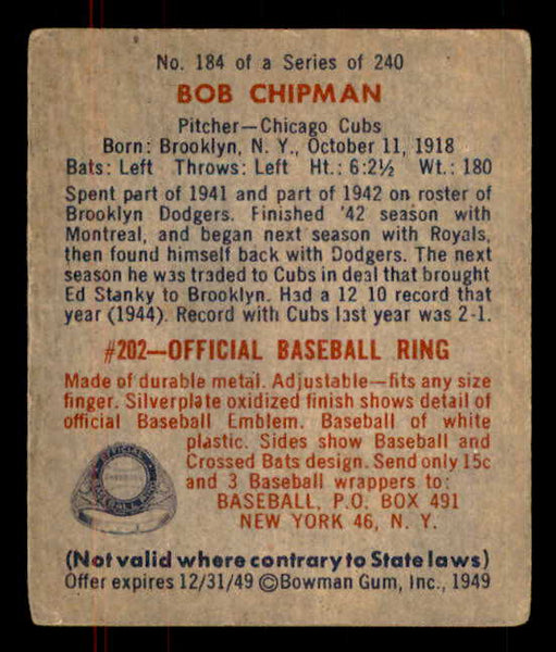 1949 Bowman Baseball #184 Bob Chipman Cubs VG-EX 555970