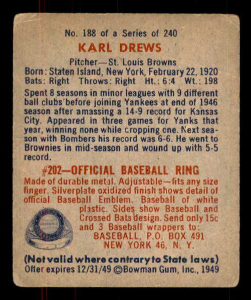 1949 Bowman Baseball #188 Karl Drews Browns VG-EX 555971