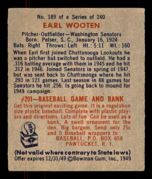 1949 Bowman Baseball #189 Earl Wooten Senators VG-EX 555972