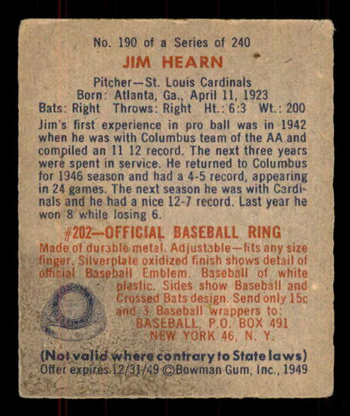 1949 Bowman Baseball #190 Jim Hearn Cardinals VG-EX 555973