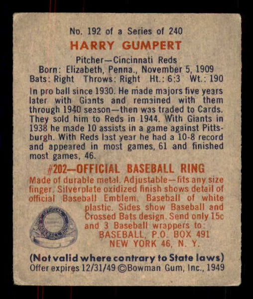 1949 Bowman Baseball #192 Harry Gumpert Reds VG-EX 555974
