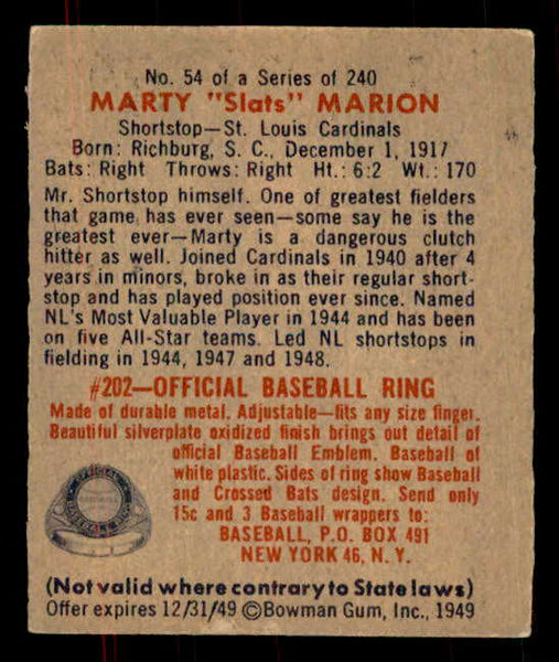 1949 Bowman Baseball #054 Marty Marion Cardinals EX+/EX-MT 555975