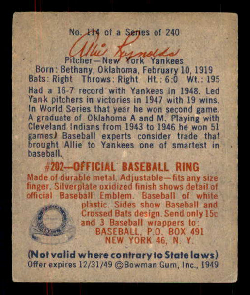 1949 Bowman Baseball #114 Allie Reynolds Yankees EX+/EX-MT 555976