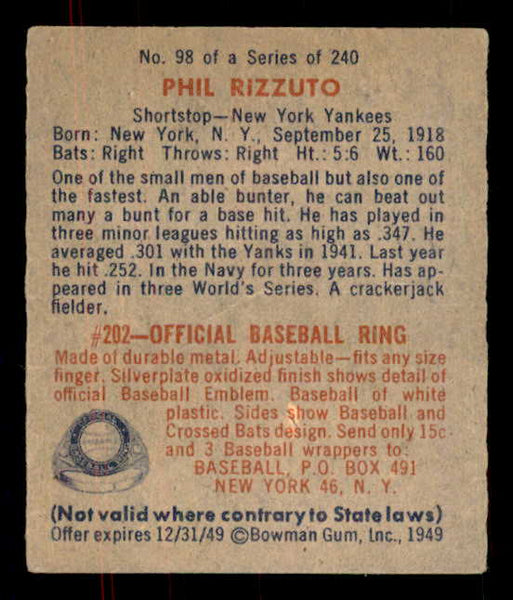 1949 Bowman Baseball #098 Phil Rizzuto Yankees EX+/EX-MT No Name 555977