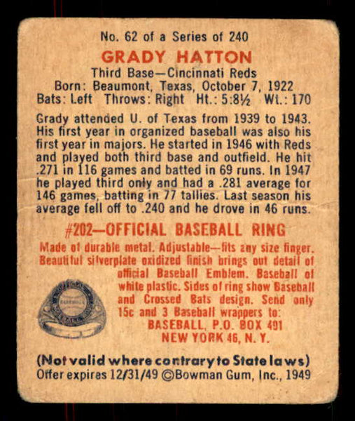 1949 Bowman Baseball #062 Grady Hatton Reds Good 555978