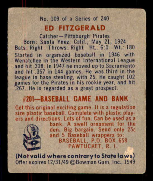1949 Bowman Baseball #109 Ed Fitzgerald Pirates VG-EX Print 555980