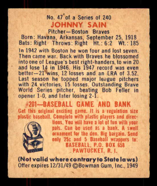 1949 Bowman Baseball #047 Johnny Sain Braves EX-MT 555984