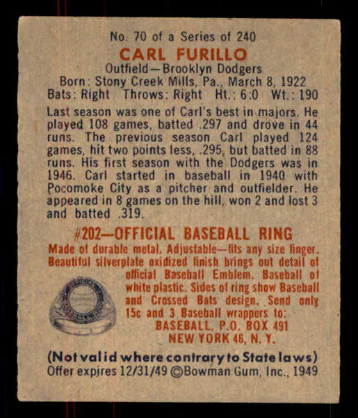 1949 Bowman Baseball #070 Carl Furillo Dodgers EX 555985