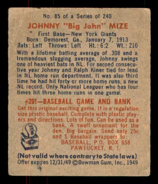 1949 Bowman Baseball #085 Johnny Mize Giants VG No Name 555987