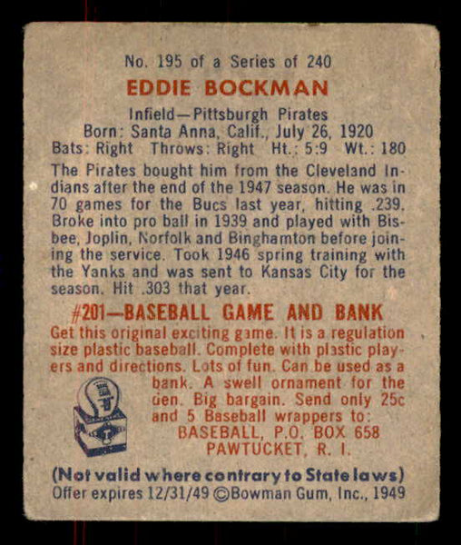 1949 Bowman Baseball #195 Eddie Bockman Pirates VG-EX 555988