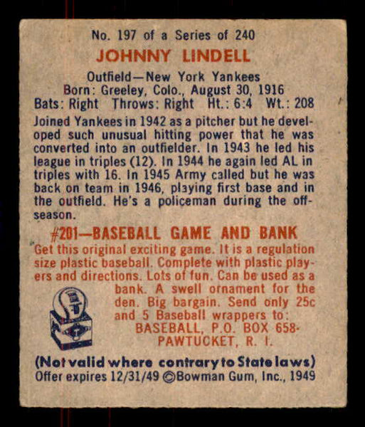 1949 Bowman Baseball #197 Johnny Lindell Yankees VG-EX 555989